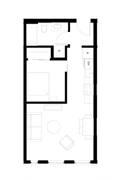 Floor plan for 1 bed, 1 bath, 646 sqft